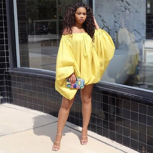 Off The Shoulder Fashion Women Short Dresses Summer Slash Neck Long Lantern Sleeve Vestidos Casual Solid Draped Partywear Dress