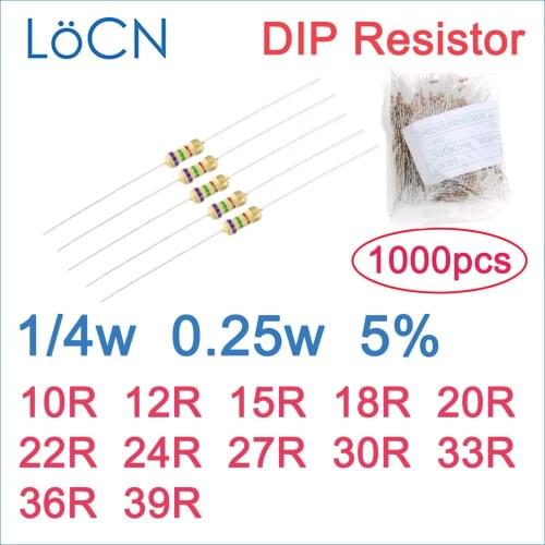 1000pcs 5% 1/4W Carbon Film Resistor DIP 10R 12R 15R 18R 20R 22R 24R 27R 30R 33R 36R 39R OHM Color ring 0.25w