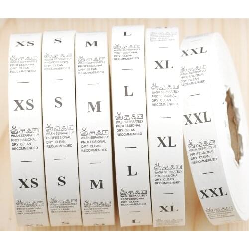1000pcs/roll labels for clothes XS~XXL size white garment wash care label clothing tag washable labels nylon taffeta LB023