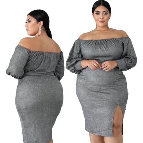 2020 autumn sexy women natural regular slash neck polyester plus size knee-length dress 2XL-6XL