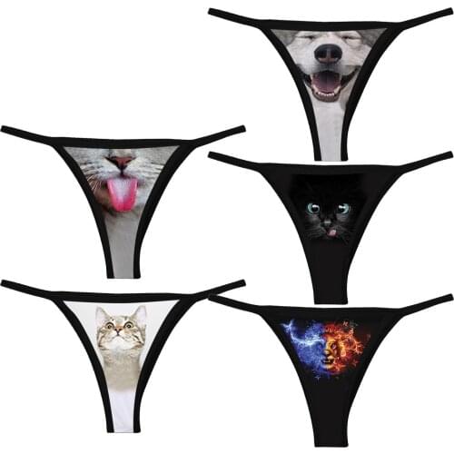 5pcs Plus Size Womens Funny cat Printing High Waist Soft Intimate G-string Underwear Lingerie Exotic Mini Thong Micro Bikini