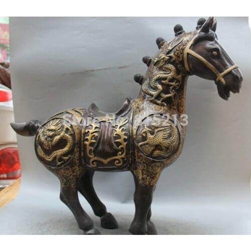 Bi0011859 21" China Folk Fengshui Bronze Zodiac Year Horse Dragon Phoenix Statue Sculpture