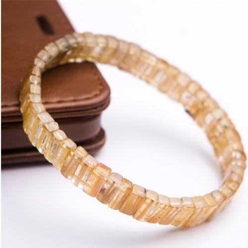Genuine Brazil Natural Gold Rutilated Quartz Crystal Rectangle Bead Stretch Bangle Bracelets Drop Shipping