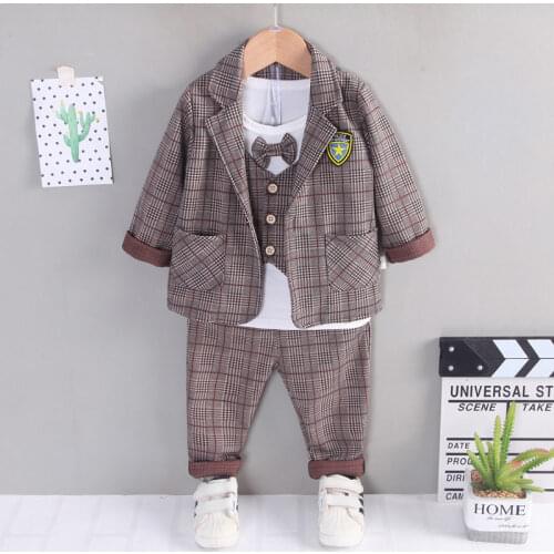 Autumn Children Cotton Formal Baby Boys Patchwork T-Shirts Plaid Wedding Coat Pants 3Pcs/sets Out Kids Toddler Clothing Party