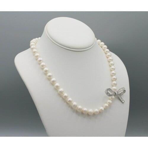 Elegant 8-9mm white freshwater pearl necklace micro inlay zircon bow clasp 45cm fashion jewelry