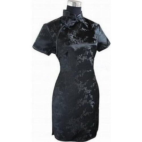Hot Sale Black Traditional Chinese Dress Womens Satin Qipao Mini Cheongsam Flower Plus Size S M L XL XXL XXXL 4XL 5XL 6XL