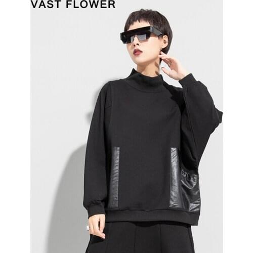 Black Patchwork Pockets Sweatshirt Women New Loose Casual Stand Collar Long Sleeve Pullover Clothes Fashion Spring Autumn 2020