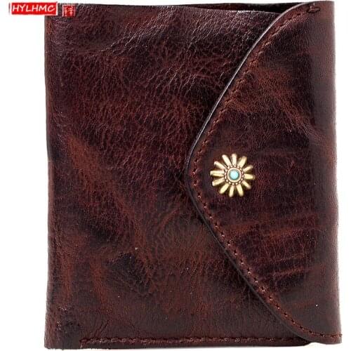 Genuine Leather Men Short Wallet Retro Coin Purse Male Card Holder Wallet Ultra-thin Horizontal Ticket Wallets Original Handmade