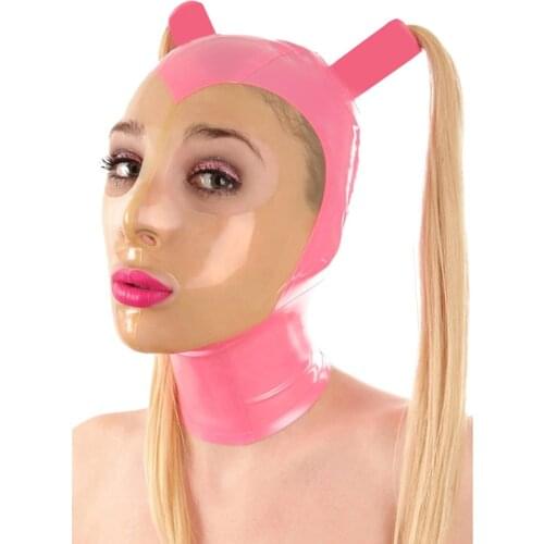 Handmade Latex Pink and Transparent Face Hood With Two Hair Braids Rubber Mask Back Zip RLM242