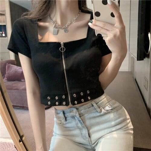 LJSXLS Short Sleeve Zipper Crop Tops T shirt Women Sexy Solid Black White Square Neck Tshirt Sexy Womens Clothes Summer Autumn