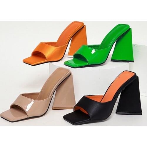 2021 New Summer Nude Slides Women 12cm High Heels Green Mules Shales Block Square Heels Casual Slippers Chunky Orange Sexy Shoes