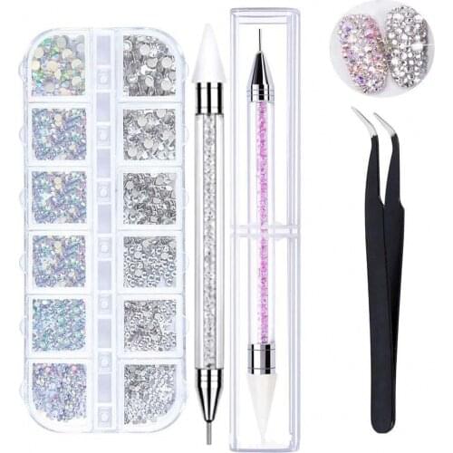 Nail Art AB Diamond Clear Rhinestone Nail Art Acrylic Drill Double Head Silicone Point Drill Pen Tweezers Set