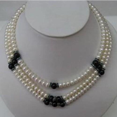 Charming 3 rows 6-7mm white freshwater cultured natural round pearl black carnelian diy beautiful necklace 18 inch BV363