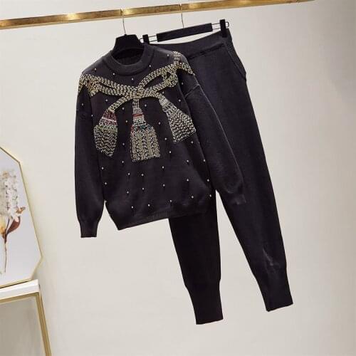 Autumn Fashion Manual Beading Knitted Sets Women Long sleeve Sweater Long Knit Pants Suit Casual Black Tracksuit Outfits Female
