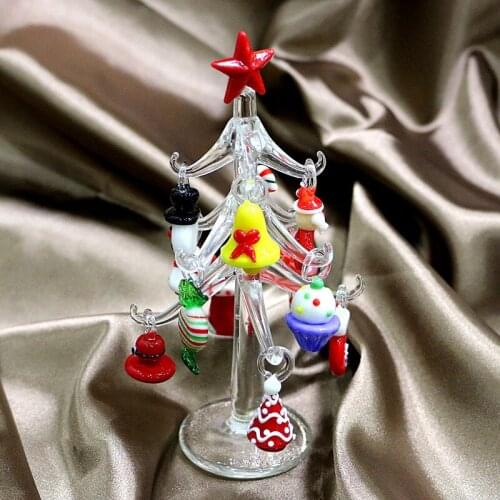 Handmade Murano Transparent Glass Crafts Christmas Tree Figurine Ornament Home Table Top Decor with 12 Cute Pendant Accessories