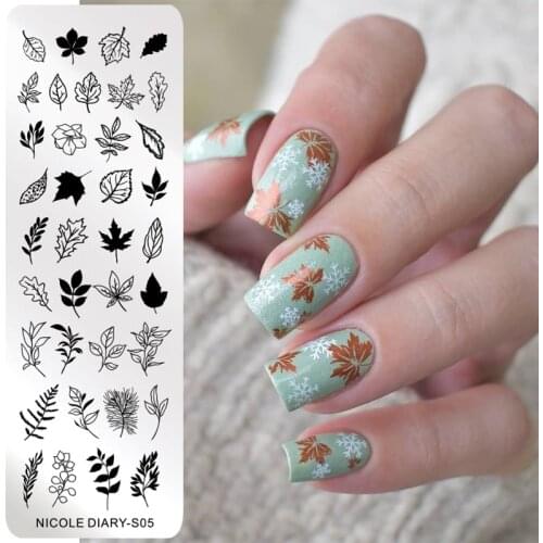 NICOLE DIARY Lines Maple Leaf Nail Stamping Plates Autumn Fall Leaves Image Printing Stencils DIY Stamp Templates All For Nails
