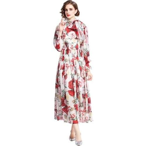 Spring Autumn Luxury Red Rose Print Chiffon Maxi Party Long Dress High Elastic Waist Lady Casual Dress Vestidos k6653