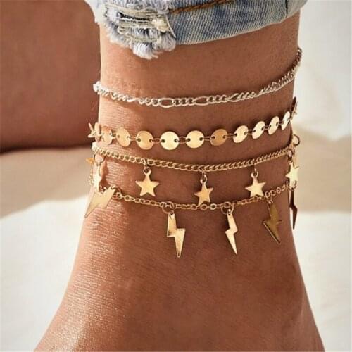 20Set/lot Bohemian Star Lightning Anklet for Women Gold Multilayer Anklets Paillette Chain Foot Bracelet on Leg Beach Jewelry