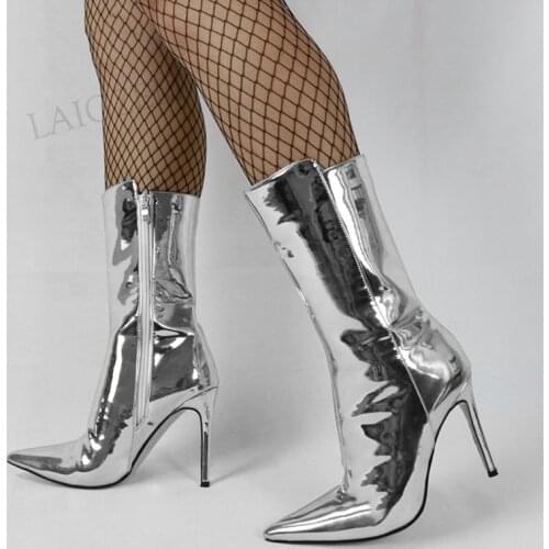 BERZIMER Shiny Women Ankle Boots Pointed Toe Boots High Heels Side Zip Cosplay Party Prom Shoes Woman Large Size 43 45 46 47
