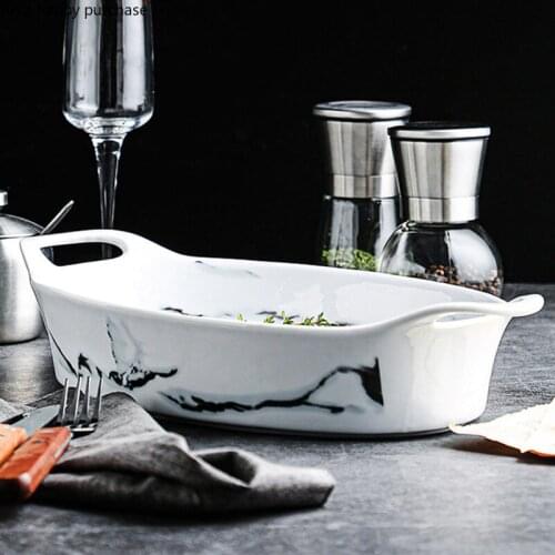 Nordic Home Use Binaural Marbling Baking Tray Ceramics Dinner Plate Baking Bowl Kitchen Supplies Oval Deep Plate Tableware