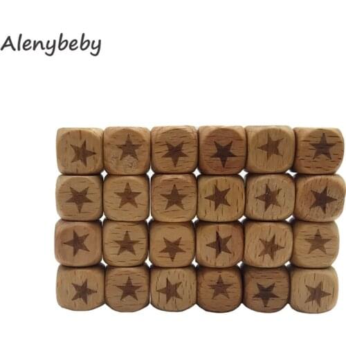 Square Wood Star Beads Teether 12MM Natural Beech Wooden Laser Printing Beads For Jewelry Toys Making DIY Baby Teething Necklace