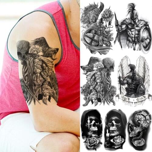 Black Skull Warrior Temporary Tattoos For Men Adults Realistic Lion Wings Compass Rose Fake Tattoo Sticker Arm Body Tattoos 3D