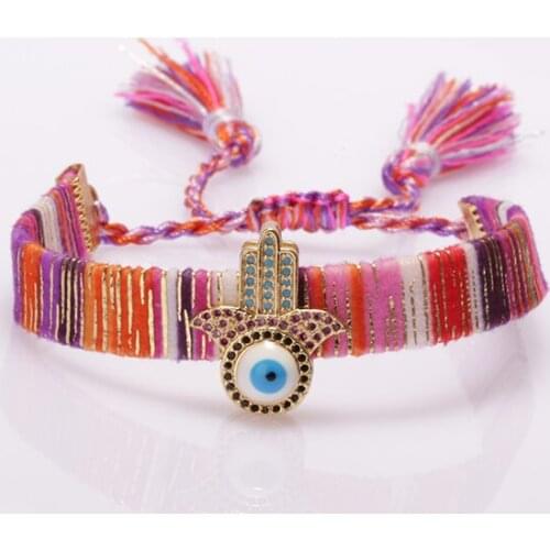 Ethnic boho soft cotton silk tassel band mix cz pave Fatimas Hand hamsa blue eye protection charm adjustable bracelet for woman