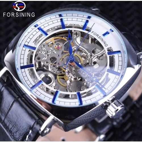 Forsining 2018 Limited Edition Blue Hands Skeleton Flower Transparent Back Case Genuine Leather Belt Luxury Automatic Watches