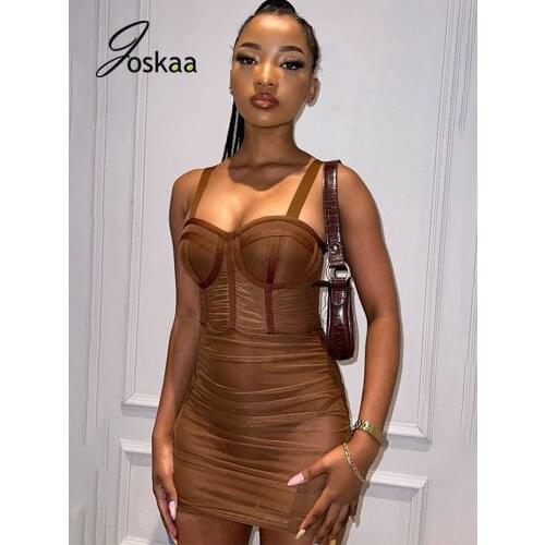 Joskaa Sheer Mesh Folds Bodycon Dress Solid Spaghetti Strap Backless Mini Dress Streetwear Summer 2021 Sexy Party Clubwear