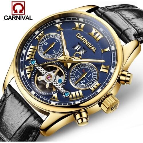 CARNIVAL Luxury Brand Tourbillon Automatic Watches Men Military Sport Leather Strap Waterproof Mechanical Watc Relogio Masculino