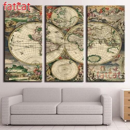 FATCAT world map Large size triptych 5D Diy Diamond Painting full square round mosaic diamond Embroidery kit Decoration AE1801