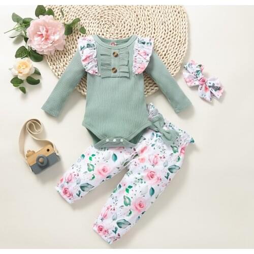 3pcs Fall Winter Newborn Baby Girl Clothes Lounge Set Long Sleeve Top Floral Pants Headband 6 12 18 Month Kids Children Outfit