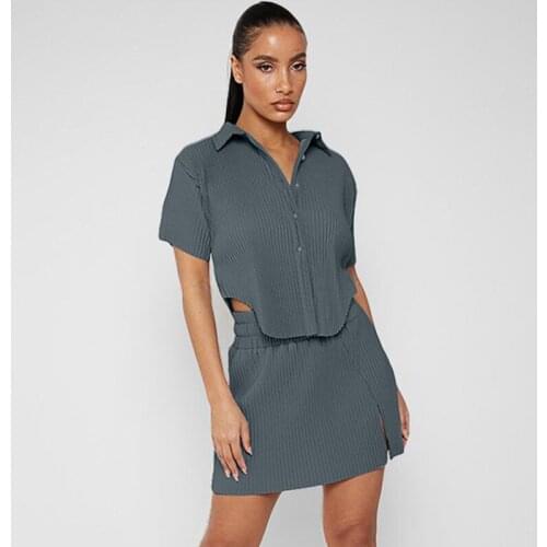 TNNAOFF Rib Two Piece Set for Women Short Sleeve Hollow Button Shirt Summer Sexy Split Hem Mini Skirt Lounge Wear Matching Sets