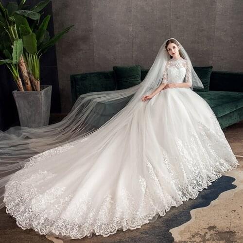Lace Embroidery Wedding Dress With Big Train 2021 High Neck Half Sleeve Wedding Gown Vintage Bridal Gown X