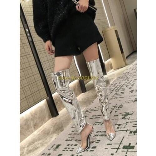 Patchwork PVC Fashion Thigh High Boots Woman Transparent Chunky Spike Heels Over The Knee Long Boots Clear Heels