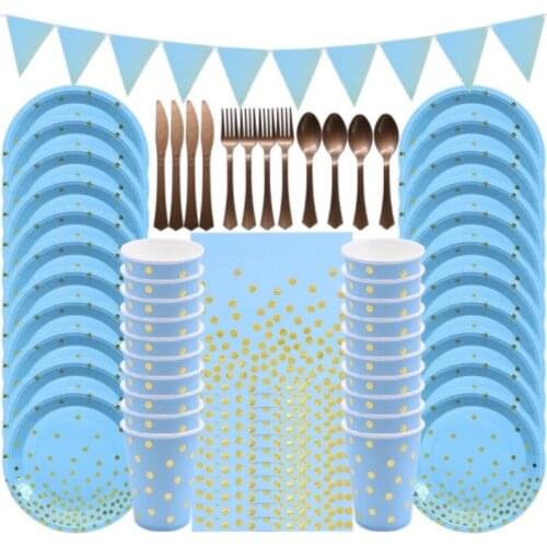Party Disposable Tableware Set Blue Bronzing Paper Cup Plate Straws Supplies For Kid Birthday Party Decor Baby Shower Supplies