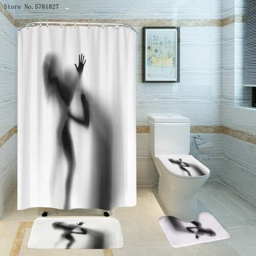 3/4 Pieces Hazy Figure Bathroom Curtain Set Love Pose Carpet Cover Toilet Cover Bath Mat Pad Set Sexy Lady Shower Curtain Set