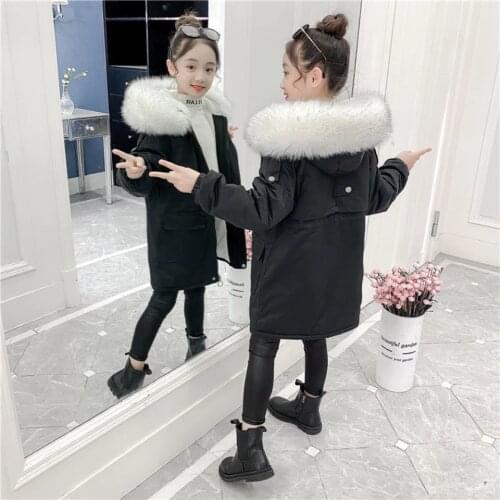 New 2021 Solid Color Parkas Autumn Winter Fur Collar Hooded Warm Baby Girl Outerwear Cute Winter Coat For Girls For 6 8 10 12 13