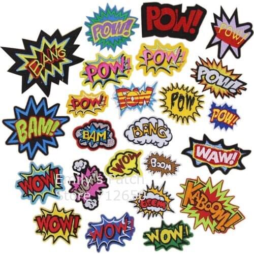 New arrival 10 pcs bam pow WOW BANG Embroidered patch iron on Applique clothing shoe hat embroidery patch badge DIY accessory