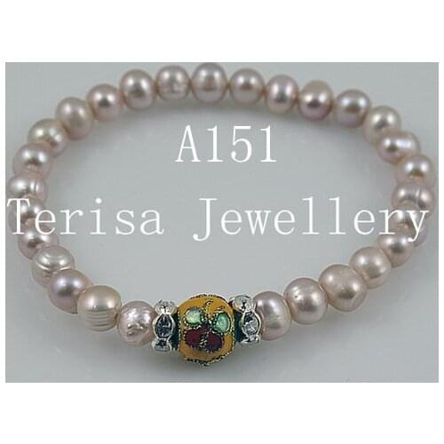 New purple color Grade AA 6-7MM Natural Fresh Water Pearls made with Cloisonne Size 8mm Length 7.5inch,Elastin Bracelt