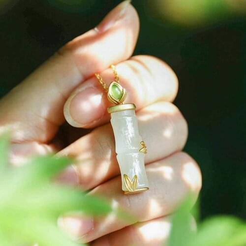 Original Design Natural Hetian White Jade Bamboo Necklace S925 Sterling Silver Festival Bamboo Pendant Gift for Mother