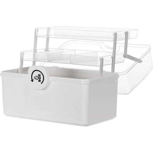 Plastic Storage Box with 3-Tier Fold Tray,Tool Organizer,Portable Lockable Container