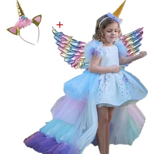 Unicorn Summer Baby Girls Princess Dress Birthday Party Long Tail Rainbow Prom Gown Wedding Dress Up Infant Carnival Vestidos