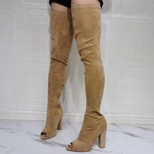 Womens Boots Round Peep Toe Breathable Over Knee High Boots Ladys Sexy Long Thigh High Heel Suede Big Size 47