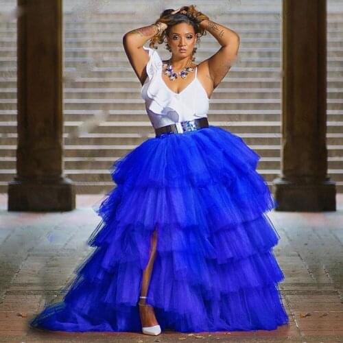 Gorgeous Royal Blue Puff Ruffles Split Tulle Skirts Women Birthday Wedding Mesh Tulle Ball Gowns Long Tulle Skirt Elastic