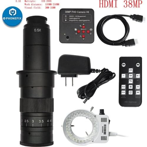 38MP HDMI USB VGA Video Microscope Camera + 250X 130X 200X Adjustable Zoom C Mount Lens + 56 LED Ring Light For PCB Welding