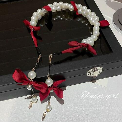 Personality Pearl Flannel Bow Tassel Head Wear Headband for Women Rhinestone Non-slip Border Girl Hairpin Fancy Hair Accessories