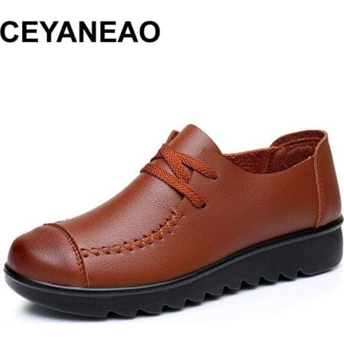 CEYANEAOWomenSoft Flats 2019Spring autumn Genuine Leather Women Shoes casual fashion Slip On comfortable Lacing mothershoesE1671