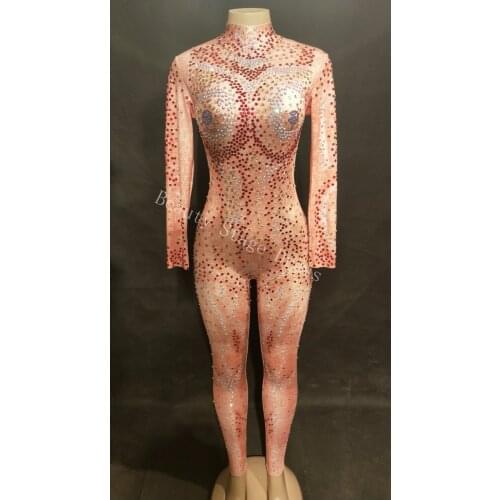 Rhinestones Mesh Sparkly Jumpsuit Womens See Through Singer Dance Wear Birthday Celebrate Sexy Perspective Prom Festival Outfit