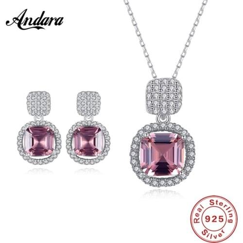 Real 100% 925 Sterling Silver Fashion Simple Brown Square Gem Necklace Earrings Jewelry Set for Woman Engagement Gift